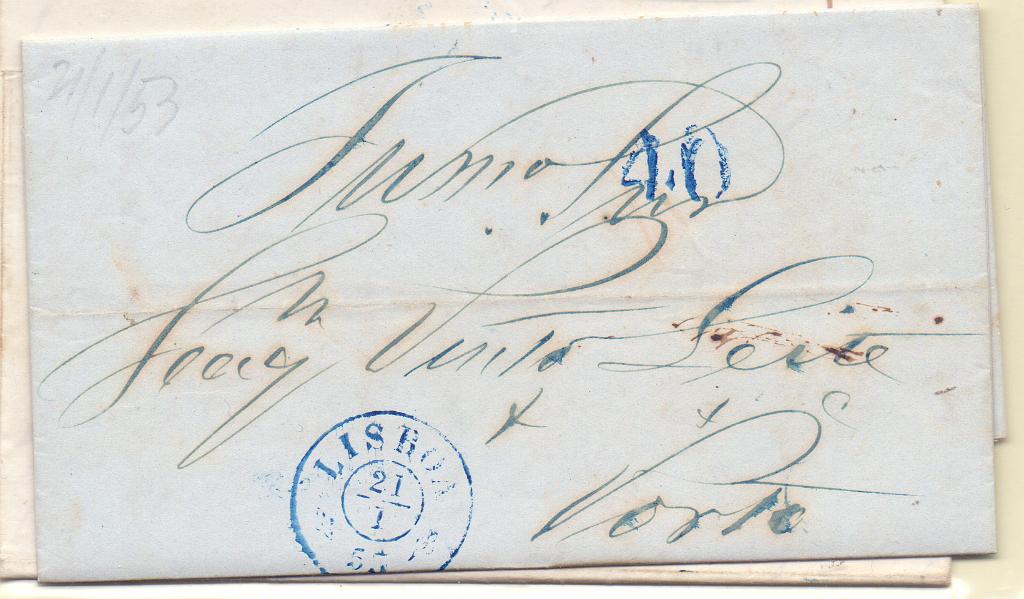 1761 f.jpg -     Lote:    1761 (frente)      Lotes pelo Correio      Portugal       Descrição:         Lisboa &mdash; A azul, GM, LSB21. Duas cartas circuladas de Lisboa (21.01.53 e 12.01.53), para o Porto, com o porte de 40 reis batido a azul.        Carta       Valor Base:     &euro; 10,00     Valor Venda:     Retirado     